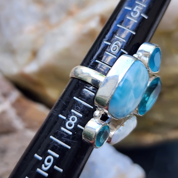Silver 925 Ring Genuine Blue Larimar Chalc dony Stone Boho Unique Jewelry